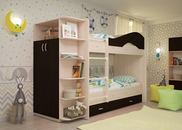 Детская двухэтажная кровать Мая на щитах со шкафом и ящиками, корпус Млечный дуб, фасад Венге в Губкинском