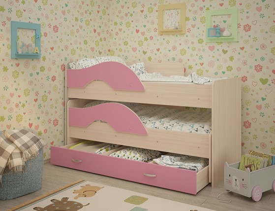 Детская 2-х ярусная кровать Радуга 1.6 с ящиком, корпус Млечный дуб, фасад Розовый в Салехарде - изображение