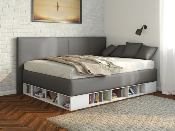 Кровать подростковая Lancaster 1, 140х200, ЛДСП белая, экокожа серая в Салехарде - изображение