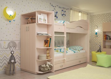 Двухэтажная кровать Мая на щитах со шкафом и ящиками, цвет Млечный дуб в Муравленко
