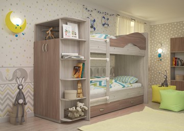 Двухъярусная кровать Мая на щитах со шкафом и ящиками, корпус Шимо светлый, фасад Шимо темный в Новом Уренгое