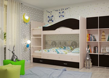 Детская  двухъярусная кровать Мая с 2 ящиками на щитах, корпус Млечный дуб, фасад Венге в Тарко-Сале - предосмотр 1