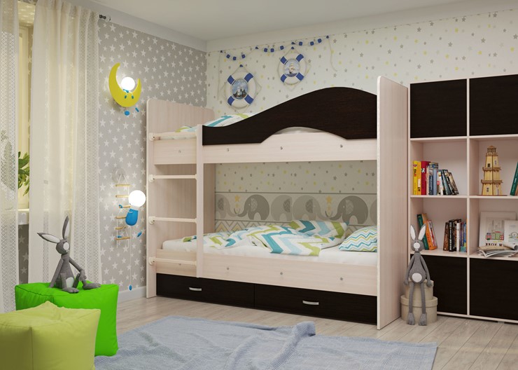 Детская  двухъярусная кровать Мая с 2 ящиками на щитах, корпус Млечный дуб, фасад Венге в Губкинском - изображение 1