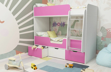 Двухэтажная детская кровать Малыш двойняшка 70х160, корпус Белое дерево, фасад Розовый в Ноябрьске