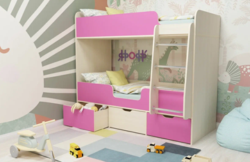 Двухъярусная кровать Малыш двойняшка 70х160, корпус Дуб молочный, фасад Розовый в Надыме - предосмотр