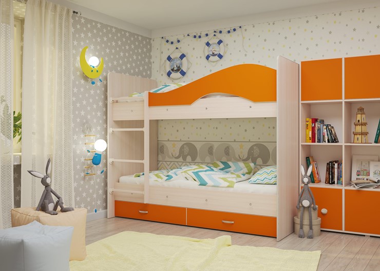 Кровать 2-ярусная Мая на щитах со шкафом и ящиками, корпус Млечный дуб, фасад Оранжевый в Салехарде - изображение 1