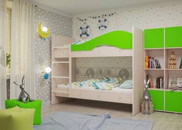 Детская 2-этажная кровать Мая на щитах со шкафом и ящиками, корпус Млечный дуб, фасад Салатовый в Салехарде - предосмотр 2