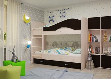 Детская двухэтажная кровать Мая на щитах со шкафом и ящиками, корпус Млечный дуб, фасад Венге в Муравленко - предосмотр 1