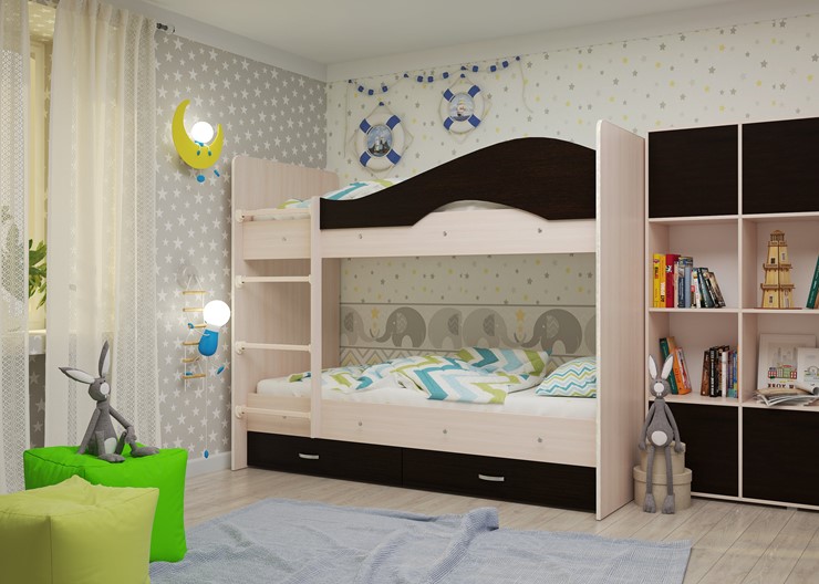 Детская двухэтажная кровать Мая на щитах со шкафом и ящиками, корпус Млечный дуб, фасад Венге в Новом Уренгое - изображение 1