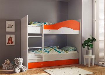 Двухэтажная детская кровать ТМК Мая с 2 ящиками на щитах, корпус Млечный дуб, фасад Оранжевый в Ноябрьске