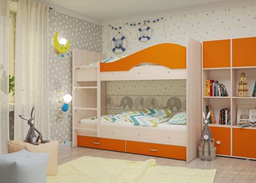Двухэтажная детская кровать Мая с 2 ящиками на щитах, корпус Млечный дуб, фасад Оранжевый в Ноябрьске - предосмотр 3