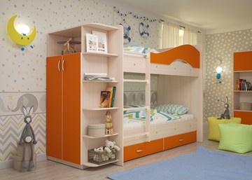 Двухэтажная детская кровать Мая с 2 ящиками на щитах, корпус Млечный дуб, фасад Оранжевый в Губкинском - предосмотр 1