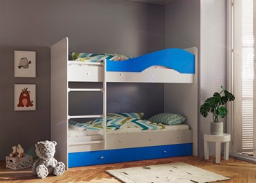 Детская двухъярусная кровать ТМК Мая с 2 ящиками на щитах, корпус Млечный дуб, фасад Синий в Надыме