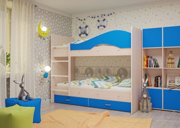Детская двухъярусная кровать Мая с 2 ящиками на щитах, корпус Млечный дуб, фасад Синий в Новом Уренгое - предосмотр 3