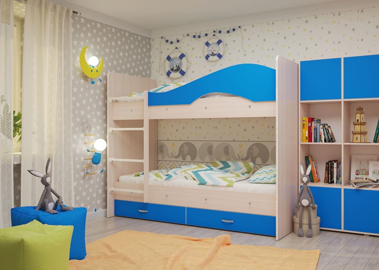 Детская двухъярусная кровать Мая с 2 ящиками на щитах, корпус Млечный дуб, фасад Синий в Ноябрьске - изображение 3