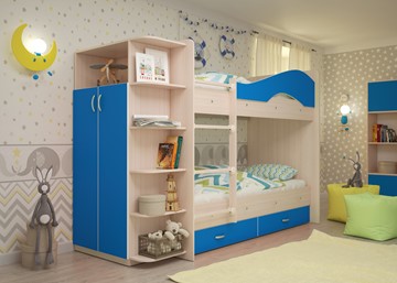 Детская двухъярусная кровать Мая с 2 ящиками на щитах, корпус Млечный дуб, фасад Синий в Лабытнанги - предосмотр 1