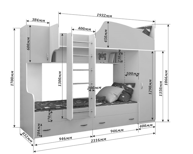 Двухэтажная детская кровать Юниор-2, каркас Ясень анкор темный, фасад Розовый в Лабытнанги - изображение 1