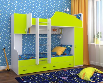 Детская кровать-шкаф Юниор-2, каркас Белое дерево, фасад Лайм в Губкинском