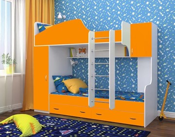 Двухэтажная детская кровать Юниор-2, каркас Белое дерево, фасад Оранжевый в Новом Уренгое
