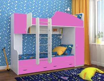 Детская 2-ярусная кровать Юниор-2, каркас Белое дерево, фасад Розовый в Надыме