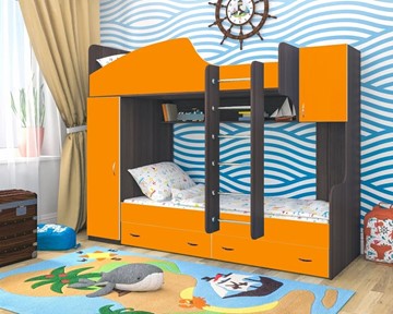 Детская двухэтажная кровать Юниор-2, каркас Ясень анкор темный, фасад Оранжевый в Муравленко