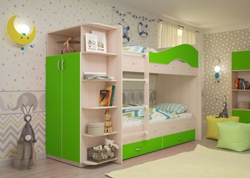 Детская 2-этажная кровать Мая на щитах со шкафом и ящиками, корпус Млечный дуб, фасад Салатовый в Губкинском
