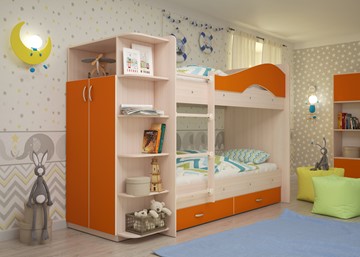 Кровать 2-ярусная Мая на щитах со шкафом и ящиками, корпус Млечный дуб, фасад Оранжевый в Лабытнанги