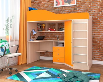 Детская кровать-чердак Кадет-1 с металлической лестницей, корпус Дуб, фасад Оранжевый в Ноябрьске