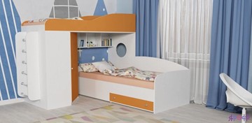 Детская кровать-чердак Кадет-2 с металлической лестницей, корпус Белое дерево, фасад Оранжевый в Тарко-Сале