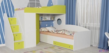 Детская кровать-шкаф Кадет-2 с универсальной лестницей, корпус Белое дерево, фасад Лайм в Губкинском