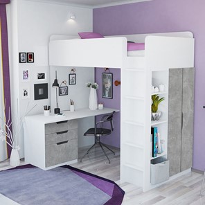 Кровать детская с письменным столом и шкафом POLINI Kids Simple Белый / Бетон в Новом Уренгое - предосмотр 1