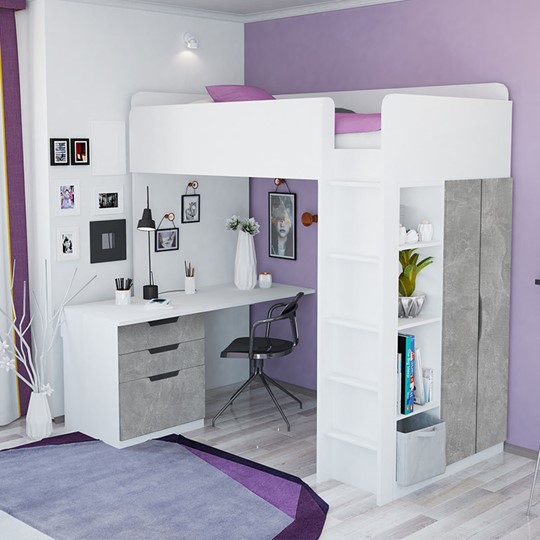 Кровать детская с письменным столом и шкафом POLINI Kids Simple Белый / Бетон в Лабытнанги - изображение 1