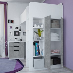 Кровать детская с письменным столом и шкафом POLINI Kids Simple Белый / Бетон в Салехарде - предосмотр 2
