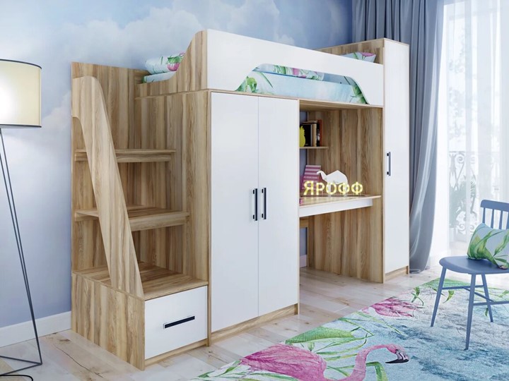 Кровать-чердак детская с шкафом Тея, каркас Ясень, фасад Белый в Надыме - изображение 1