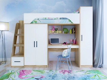 Кровать-чердак детская с шкафом Тея, каркас Ясень, фасад Белый в Муравленко