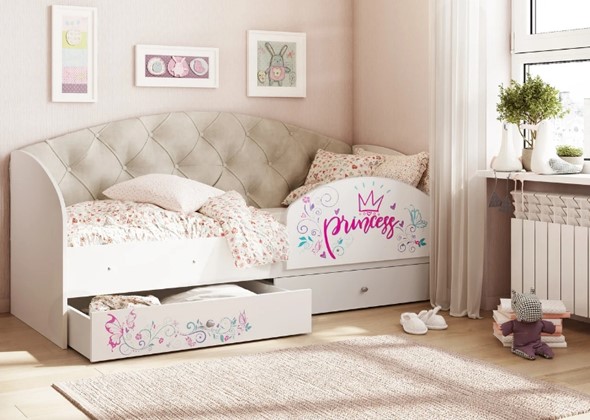 Детская кровать с ящиками Эльза с бортиком, Бежевый (латы) в Надыме - изображение