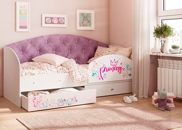 Детская кровать с ящиками Эльза с бортиком, Фиолетовый (латы) в Салехарде - изображение