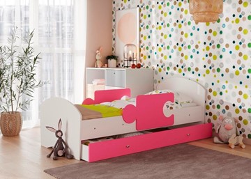 Детская кровать с ящиком и бортиками Мозайка, корпус Белый/фасад Розовый (ламели) в Лабытнанги
