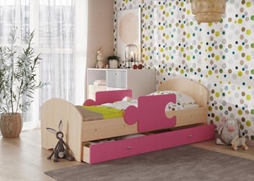 Кровать детская с бортиками и ящиком Мозайка, корпус Млечный дуб/фасад Розовый (щиты) в Новом Уренгое