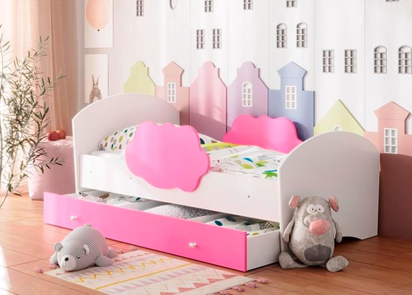 Кровать с бортиками Тучка с ящиком, корпус Белый, фасад Розовый в Салехарде - изображение