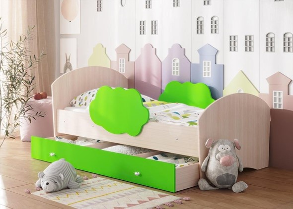 Кровать с бортиками Тучка с ящиком, корпус Дуб млечный, фасад Лайм в Салехарде - изображение