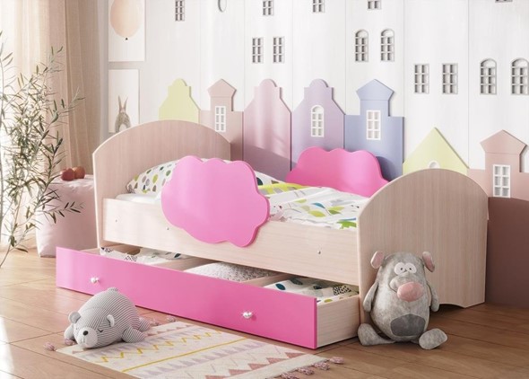 Кровать с бортиками Тучка с ящиком, корпус Дуб млечный, фасад Розовый в Салехарде - изображение
