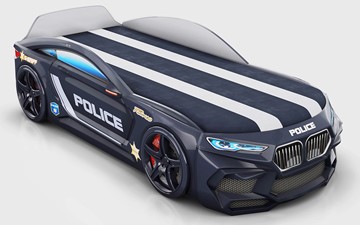 Кровать-машина в детскую Romeo-М Police + подсветка фар, ящик, матрас, Черный в Салехарде
