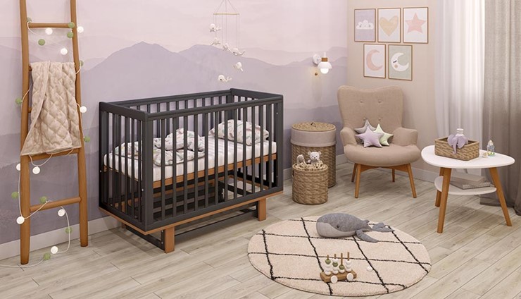 Кровать для новорожденных серия 3400 POLINI Kids Simple 340 с маятником Графит/Дуб каменный в Лабытнанги - изображение 1