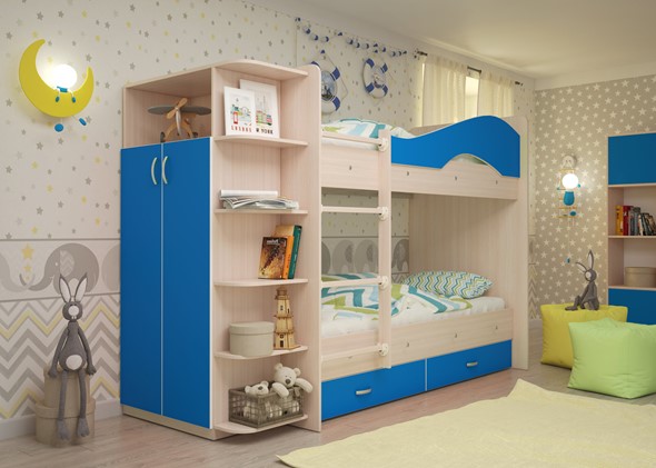 Детская 2-х ярусная кровать Мая на щитах со шкафом и ящиками, корпус Млечный дуб, фасад Синий в Надыме - изображение