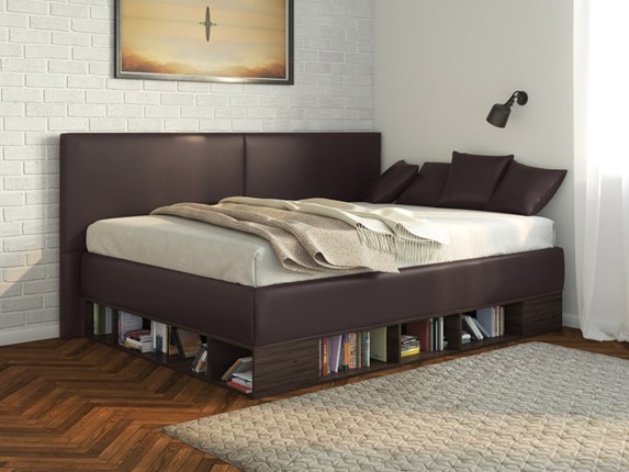 Кровать подростковая Lancaster 1, 120х200, ЛДСП венге, экокожа коричневая в Салехарде - изображение