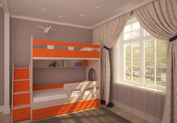 Кровать двухъярусная Ярофф Юниор-1 с бортом, каркас Дуб, фасад Оранжевый в Лабытнанги