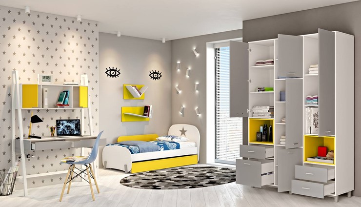 Комплект мебели для детской POLINI Kids Mirum №1 Белый / Серый / Желтый в Салехарде - изображение