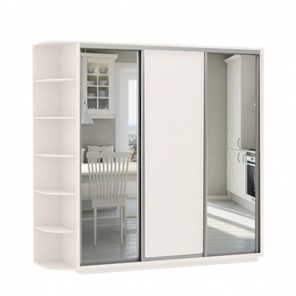 Шкаф 3-дверный Экспресс (Зеркало/ДСП/Зеркало) со стеллажом, 2100х600х2400, белый снег в Лабытнанги