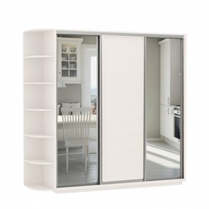 Шкаф 3-х дверный Экспресс (Зеркало/ДСП/Зеркало) со стеллажом, 2400х600х2200, белый снег в Салехарде